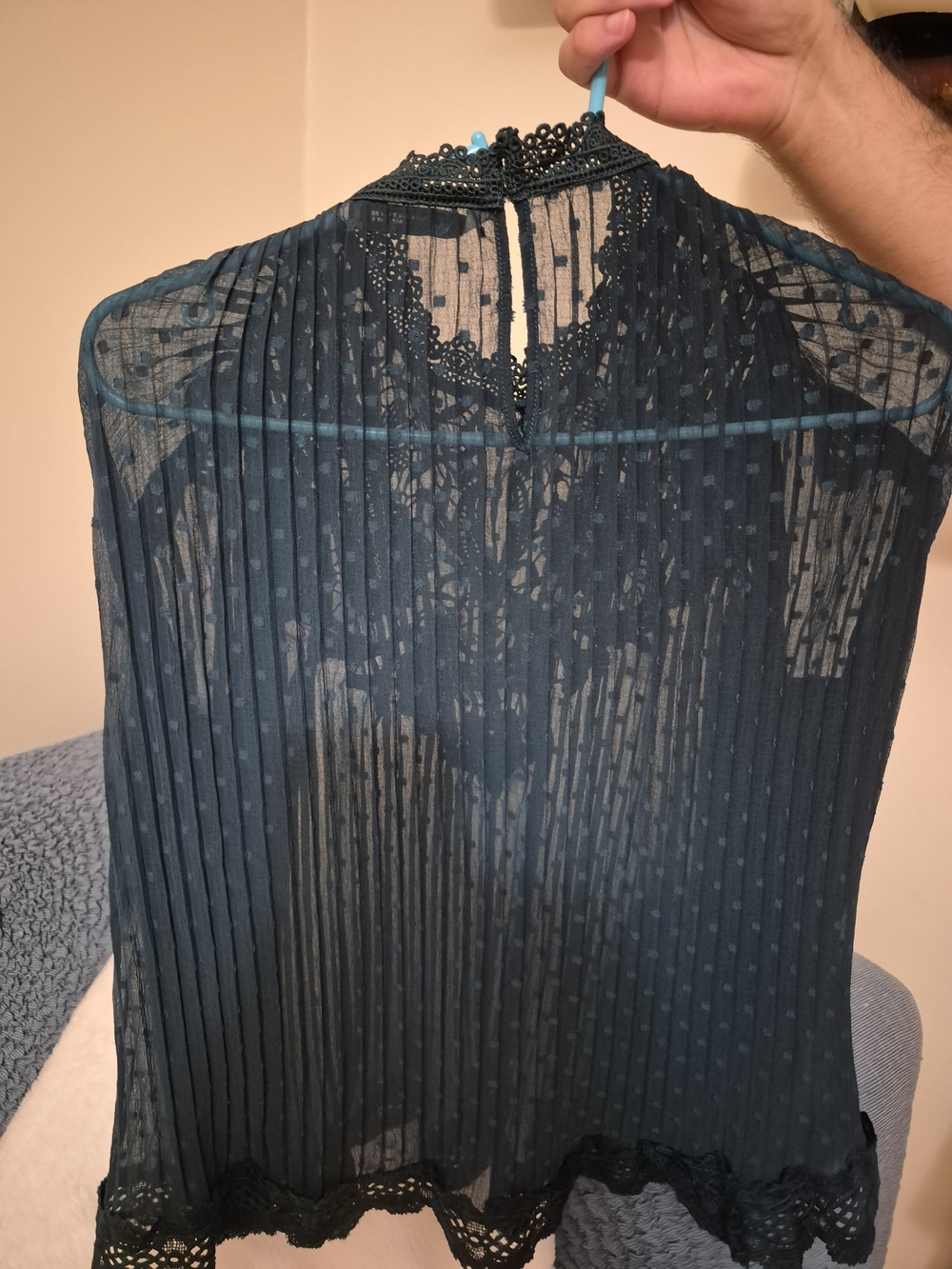 Elegant Dark Teal Lace Yoke Blouse - Women Tops - Picture 7 of 11